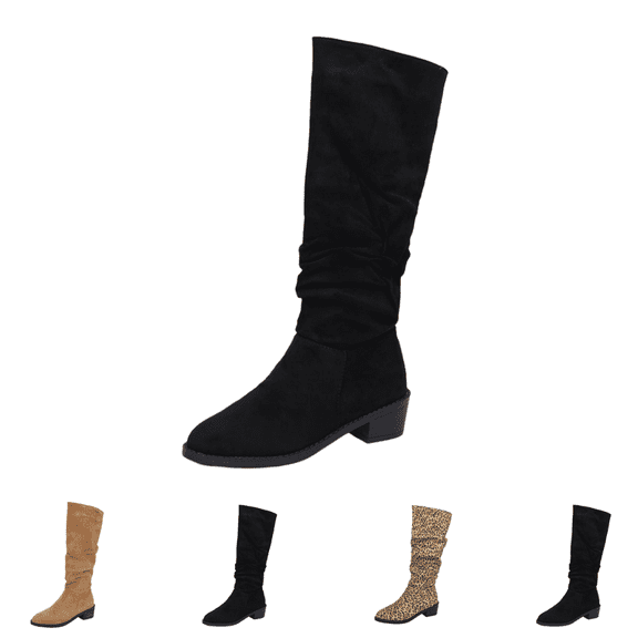 EKVAHL Women's Slouch Knee High Boots, Faux Suede Ruched Design Low Block Heel Tall Boots, Wide Calf Fall Winter Casual Daily Boots Black