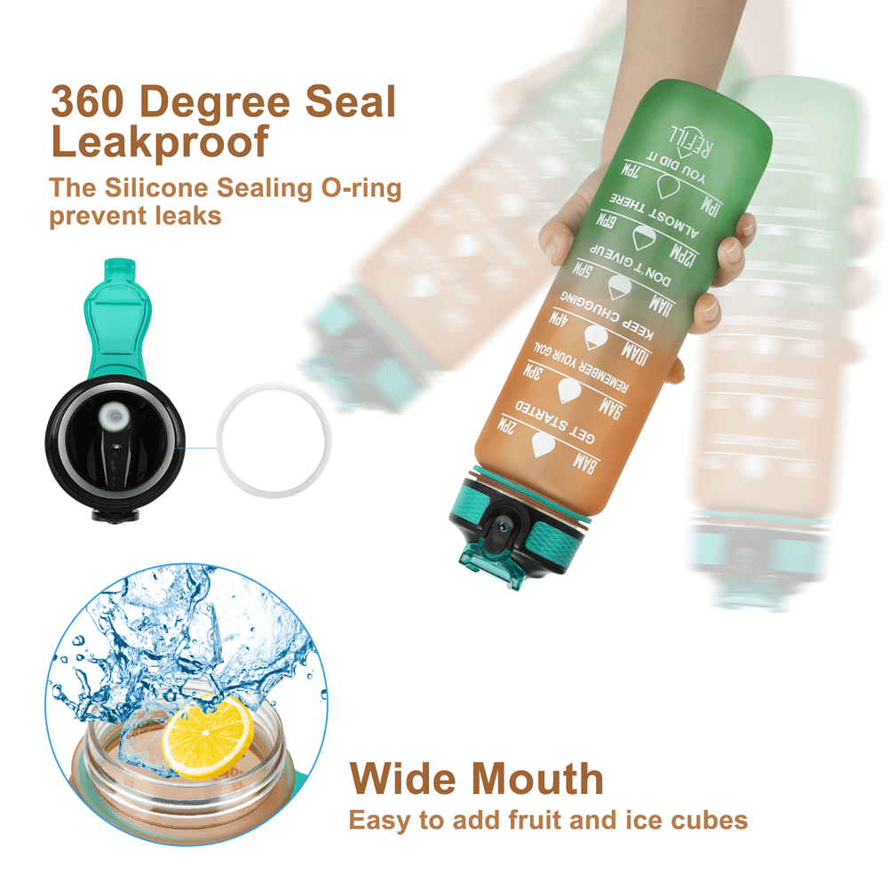 32oz Motivational Water Bottles with Time Marker & Straw, Leak-proof BPA Free Non-Toxic 1L Bottle, Portable Water Jug for Fitness Sports