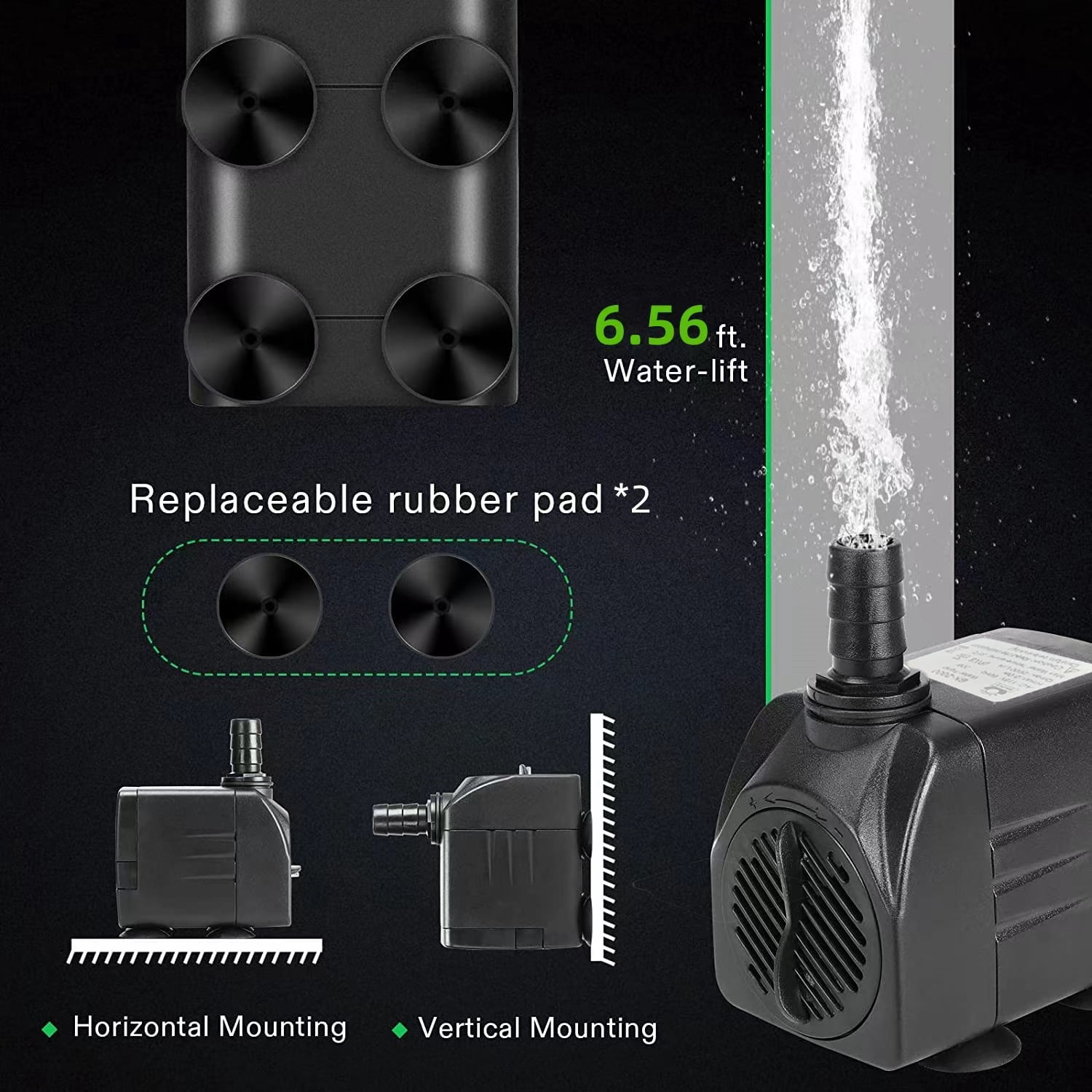 Submersible Pump 110V 2000L/H 20W, Max Lift 2M, with 3 Nozzles & 6 Suction Cups for Aquarium, Hydroponics, Water Feature