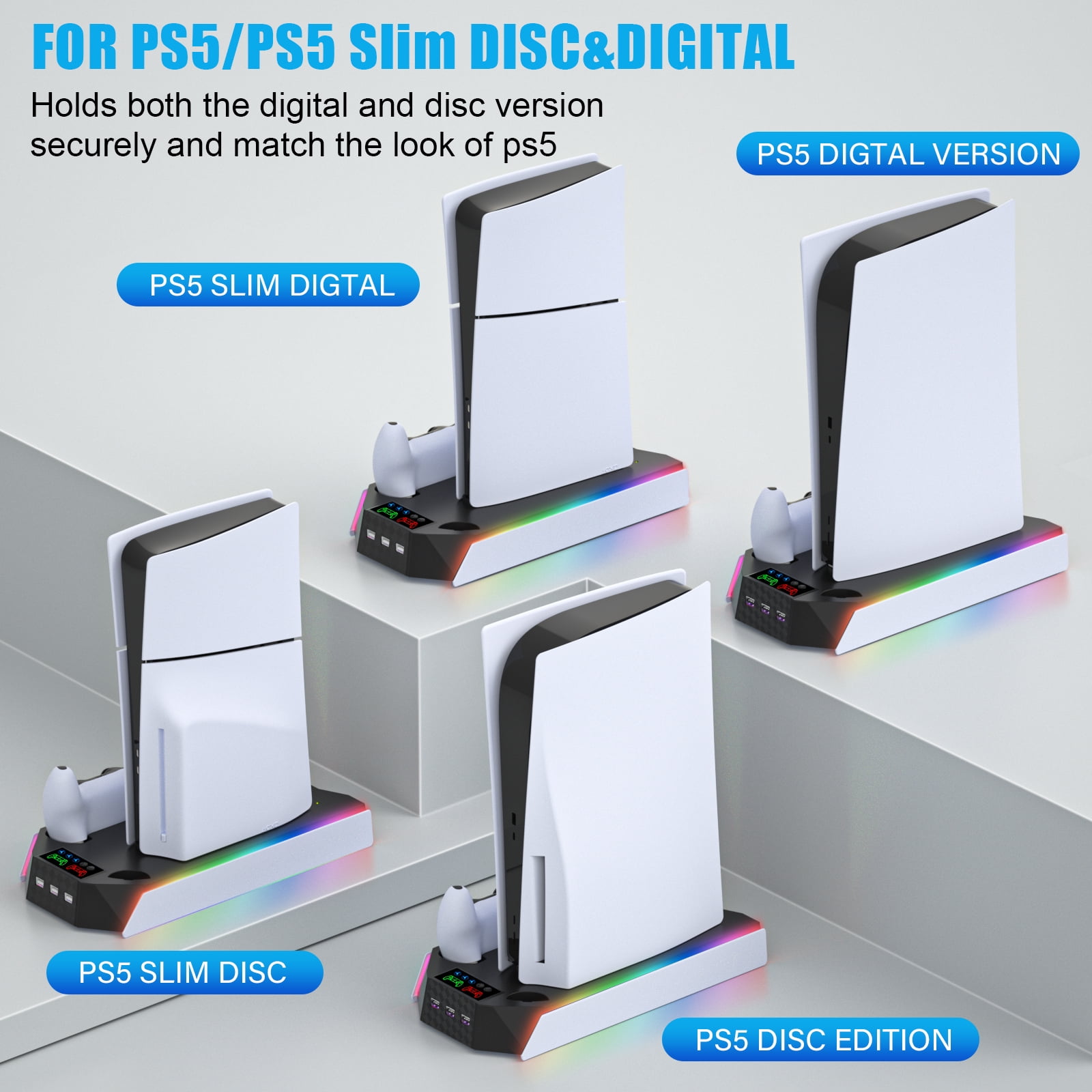 PS5 Stand with Cooling Fan,ZRZLMVP PS5 Cooling Station with Dual Controller Charging Station for PS5 Slim/Pro/Standard,3H Fast Charging/3 Speed Airflow/3 USB Ports/3 Lights - Black