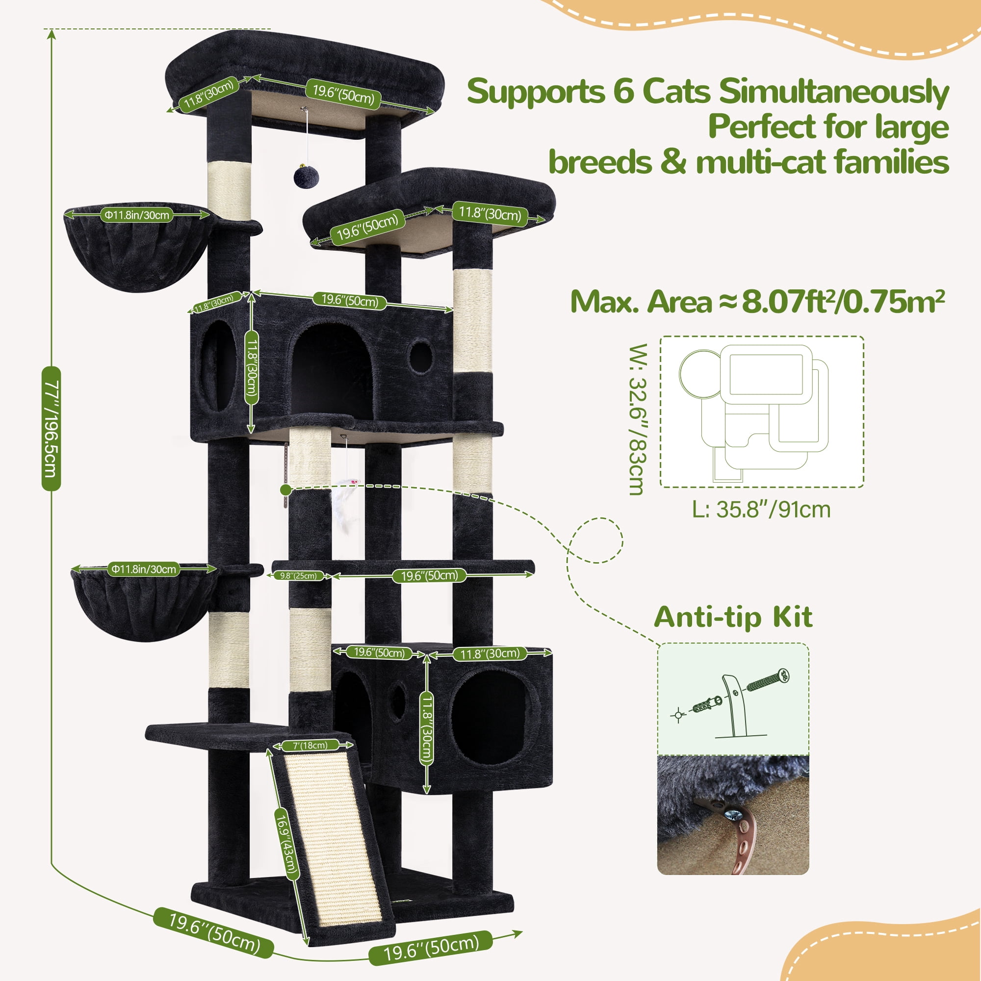 Globlazer 77" Large Cat Tree and Tower Condo for Indoor Cats with Sisal Scratching Posts, Condos, Hammock & Hammock, Light Gray Dark Gray