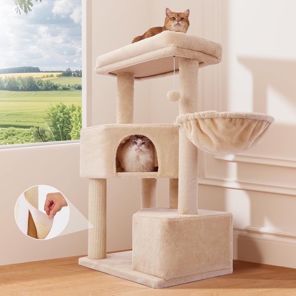Nomipaw Cat Tree 41”, Multi Level Heavy Duty Cat Tower with Φ3.23in Posts, Scratching PostMulti-Ls, Washable Top Perches and Hammock, Replaceable Natural Sisal, Accommodates 4 Cats, Each Under 30 lbs