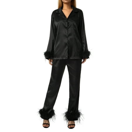 

Women s Feather Pajamas Set Silk Satin Sleepwear Long Sleeve Button Down Shirt Long Pants Nightwear
