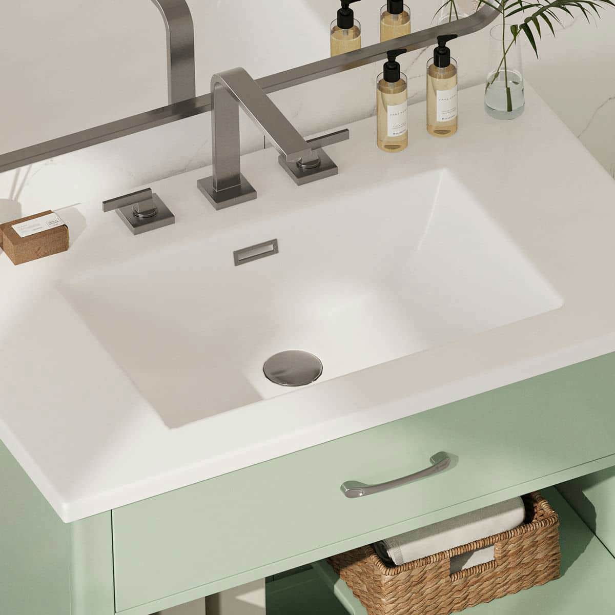 Spaco 31" Bathroom Vanity with Tempered Glass, Modern Bathroom Cabinet with Rubber Wood Legs and Soft Close Doors for Indoor, Green
