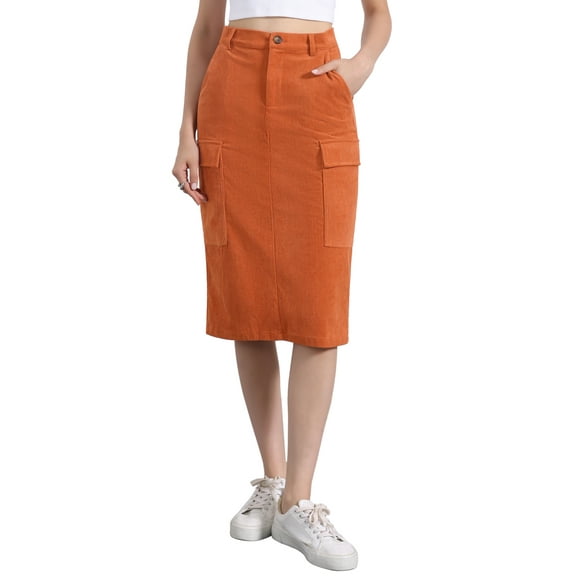 INSPIRE CHIC Women's Skirt High Waist Elastic Back Corduroy Midi Skirts S Caramel