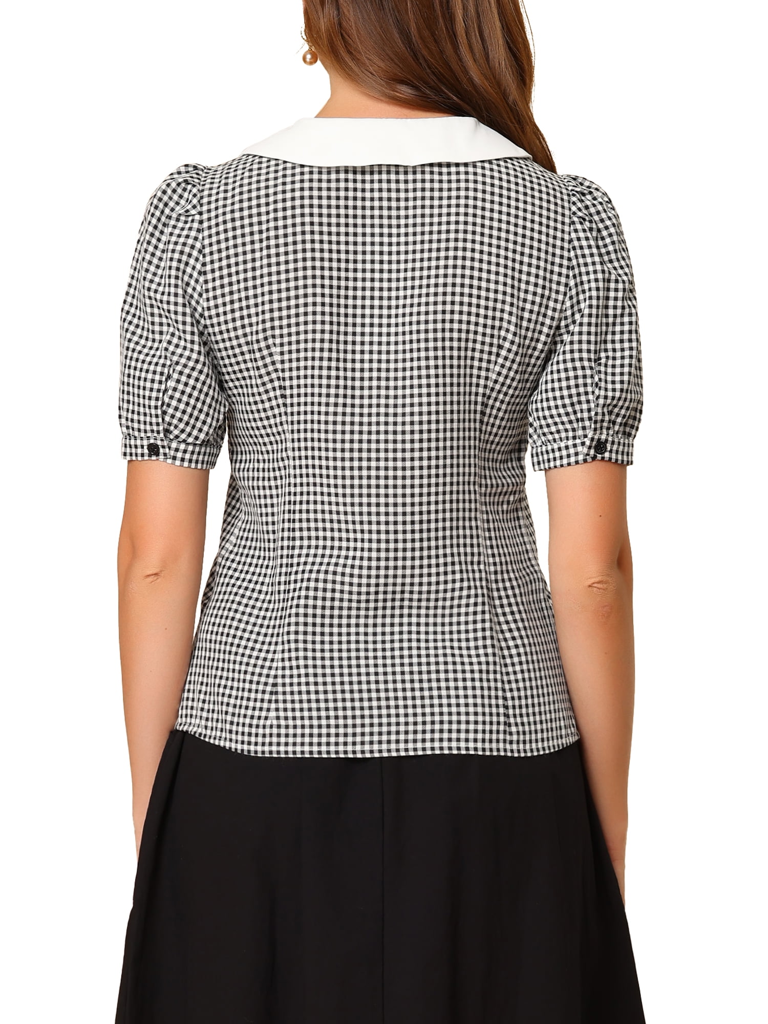 Unique Bargains Women's Plaid Contrast Collar Puff Sleeve Button Down Shirt Tops Black S