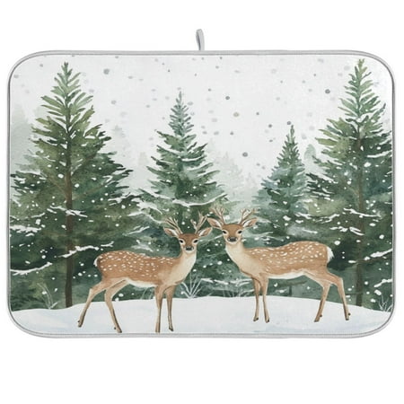 

Kitchen Drying Mat，Two Deer Are in The Snow18 ×24 Single Sided Printed Kitchen Countertop Multi-Purpose Drainage Drying Mat.