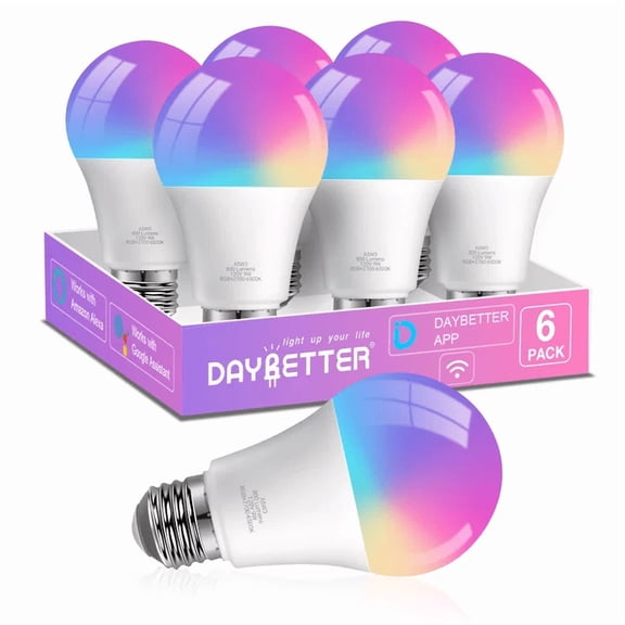 DAYBETTER WiFi Smart Light Bulbs, Color Changing LED Light Bulbs, A19 E26 9W 60W Equivalent, 2.4Ghz Only, RGBW Dimmable Smart Bulbs, 6 Pack