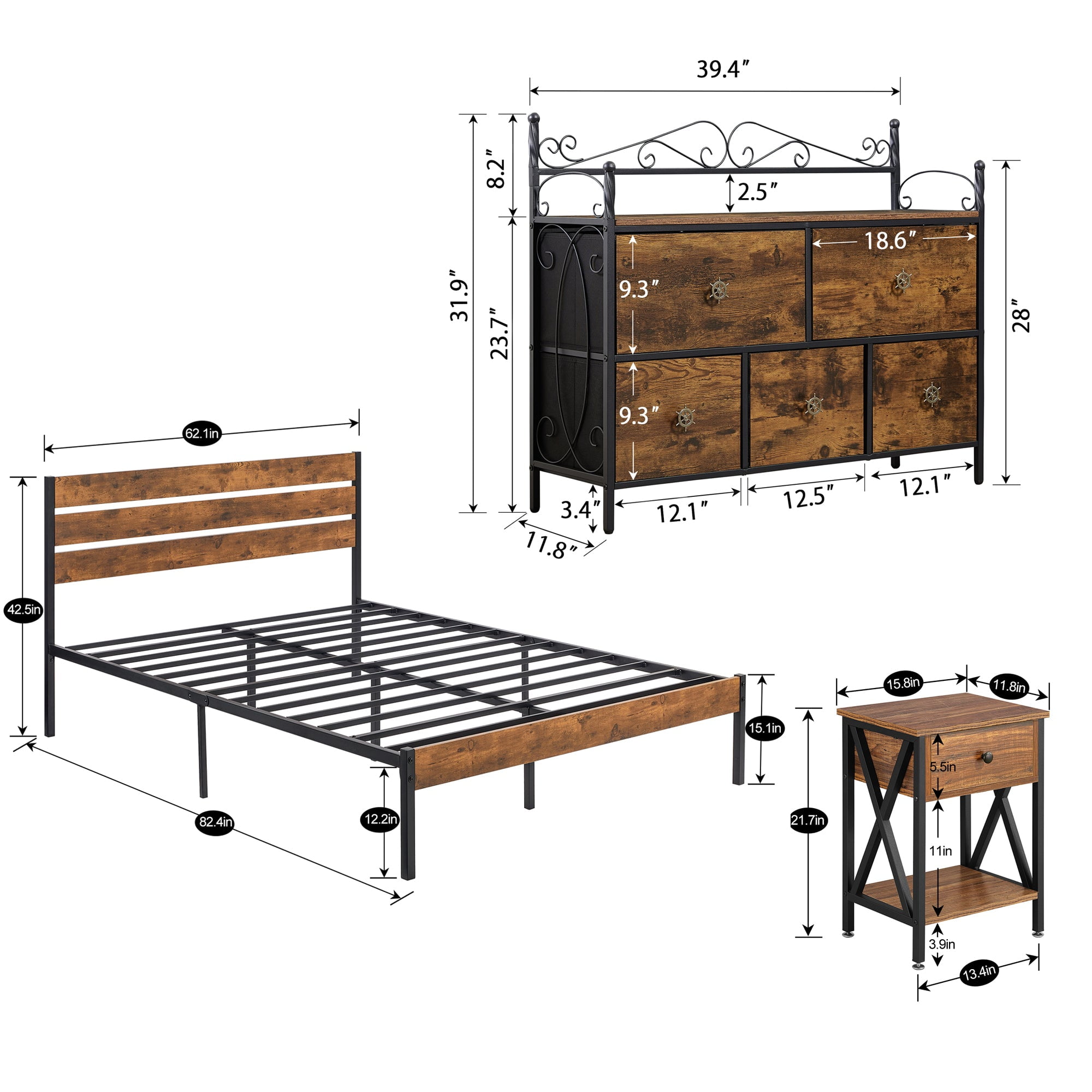VECELO 4-Piece Bedroom Set Include Queen Size Bed Frame & Dresser & 2 Nightstand, Brown