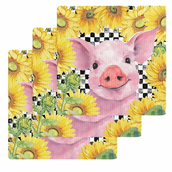 Farmhouse Sunflowers Kitchen Dish Towels for Drying Dishes Set of 3, Country Watercolor Pig Black Plaid Waffle Weave Microfiber Hand Tea Bathroom Towels Quick Dry & Absorbent Towel 12x12