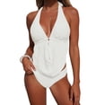thumbnail image 4 of Womens 3 Piece Swim Suit, Textured Strap Backless Top Ruffled Skirt Bikini Bottom, Summer Travel Swimwear White S, 4 of 8