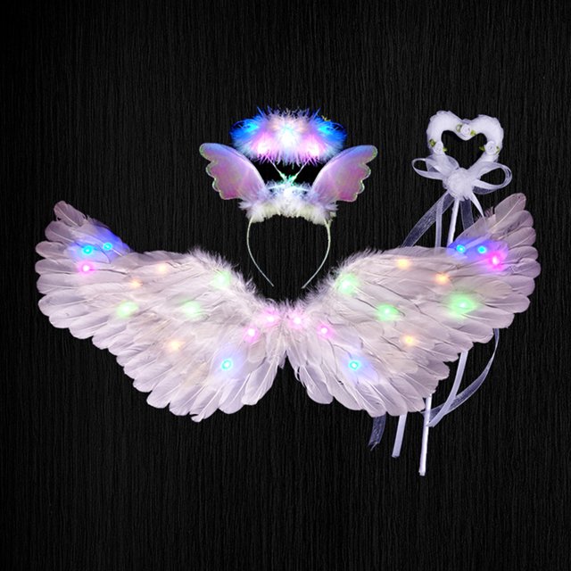 Halo LED Halo Y Alas, Diadema Blanca Y Disfraz De Alas Con Luces Multicolores Para Fiestas De Navidad, Suministros De Cosplay, Tamaño M, 31,5 X 15,7 Pulgadas