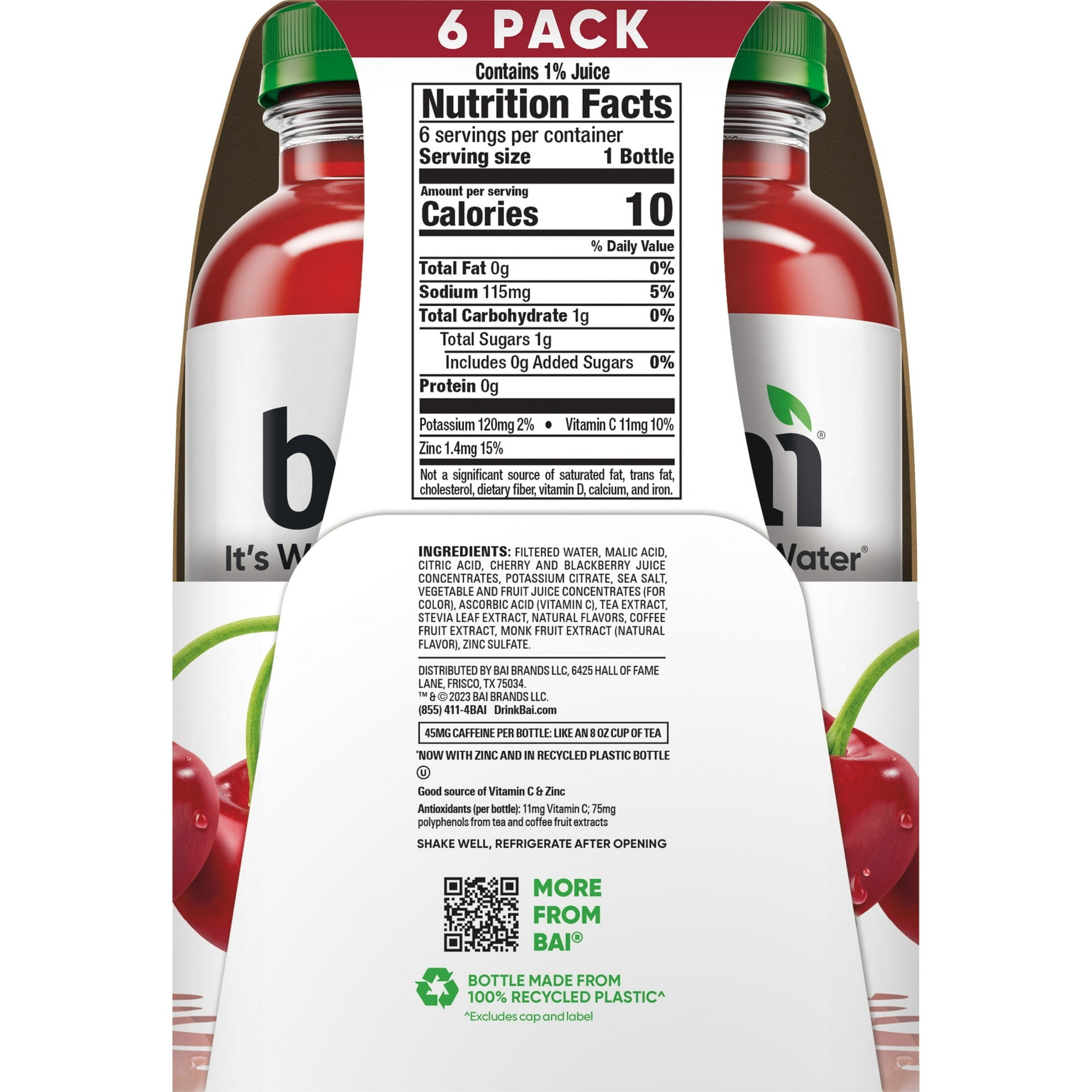 Bai Zambia Bing Cherry Antioxidant Infused Water Beverage 6 Pack 14 fl oz