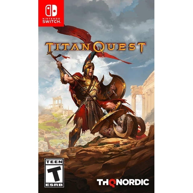 juego titan quest nintendo switch Nuevo — Carátula frontal con un guerrero griego en armadura de bronce y capa roja, de pie sobre ruinas clásicas sosteniendo lanza y escudo; fondo con columnas derruidas y cielo nublado, estética de acción RPG, logotipos de Nintendo Switch y THQ Nordic visibles.