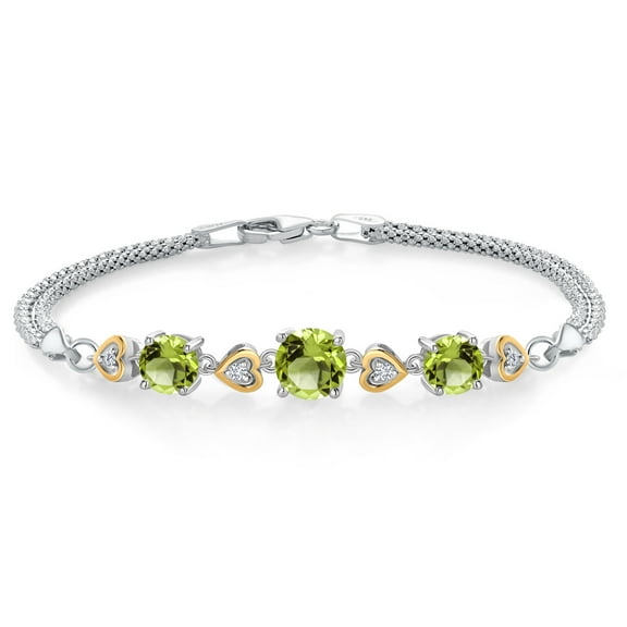 Gem Stone King 925 Silver and 10k Yellow Gold Green Peridot and White Lab Grown Diamond Bracelet for Women (3.53 Cttw, Gemstone Birthstone, Round 7MM and 6MM, 6.5/7/7.5 inch, Made in Italy)