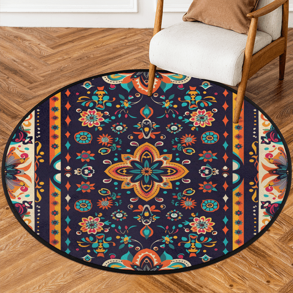 CURLYOOT Round Rug 3ft Boho Mexican Flower Area Rug, Washable Circle Mat Non Slip Floor Carpet Mat, Floral Soft Indoor Rugs for Entryway Living Room Dining Room Bedroom