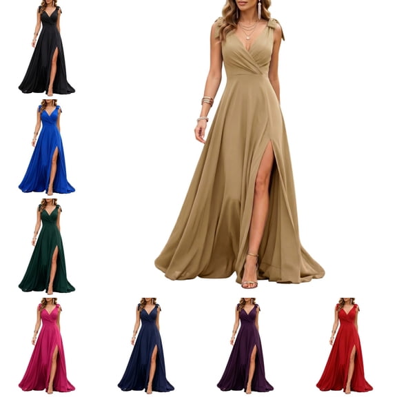 Levmjia Women's V Neck Sleeveless Maxi Dress High Slit Formal Evening Gown Bow Tie Strap Cocktail Party Dress for Women