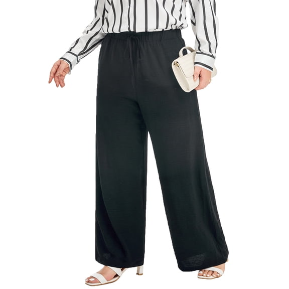 SHEWIN Womens Plus Size Pants Wide Leg Pants Palazzo Drawstring Elastic Waist Lounge Pants Spring Summer Lightweight with Pockets Black 2X