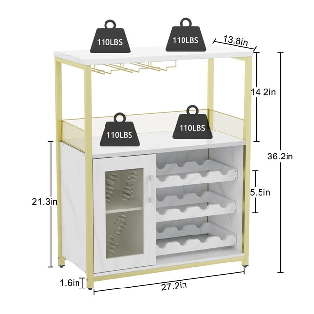 Freestanding Wine Storage Cabinet with Glass Holder – 12-Bottle Wine Rack, 9-Glass Rack, Mesh Door & Adjustable Legs, Waterproof MDF for Kitchen, Dining Room, Home Bar(Gold)