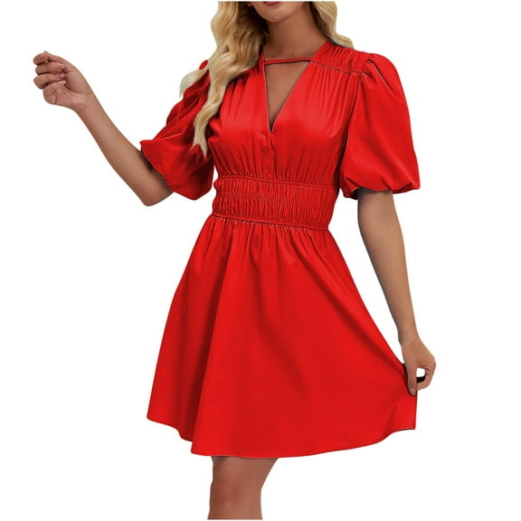Summer Dresses for Womens 2024 Fashion Plus Size V-Neck Puffy Sleeves Temperament Pleated High-waisted Mini Dress Solid Color Short-sleeved V-neck Dress