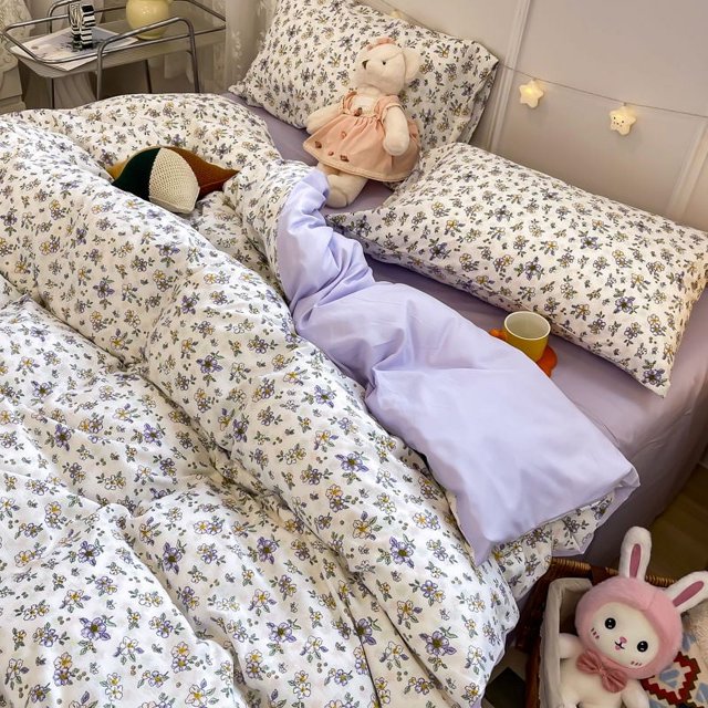 Pink Floral Bedding Set - Queen Size Comforter Cover, Sheet and Pillowcases for Girls Room