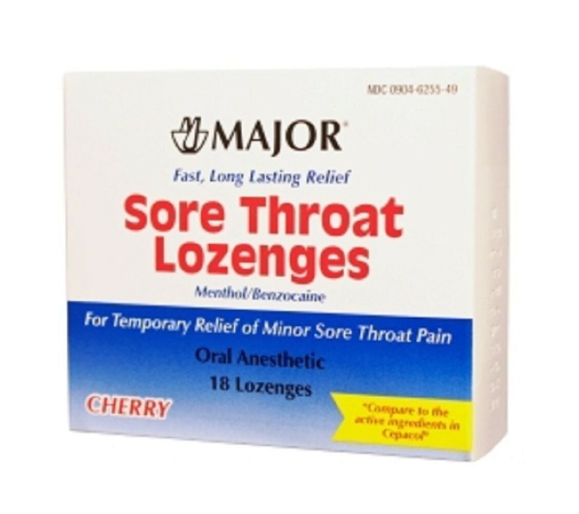 Major Sore Throat Lozenges Menthol/Benzocaine Cherry Flavored, 18 ct