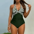 thumbnail image 3 of Oksale Halter Bathing Suits for Women One Piece Cross Front Striped Print Swimsuits Tummy Control Swimwear 2026 Army Green S, 3 of 7