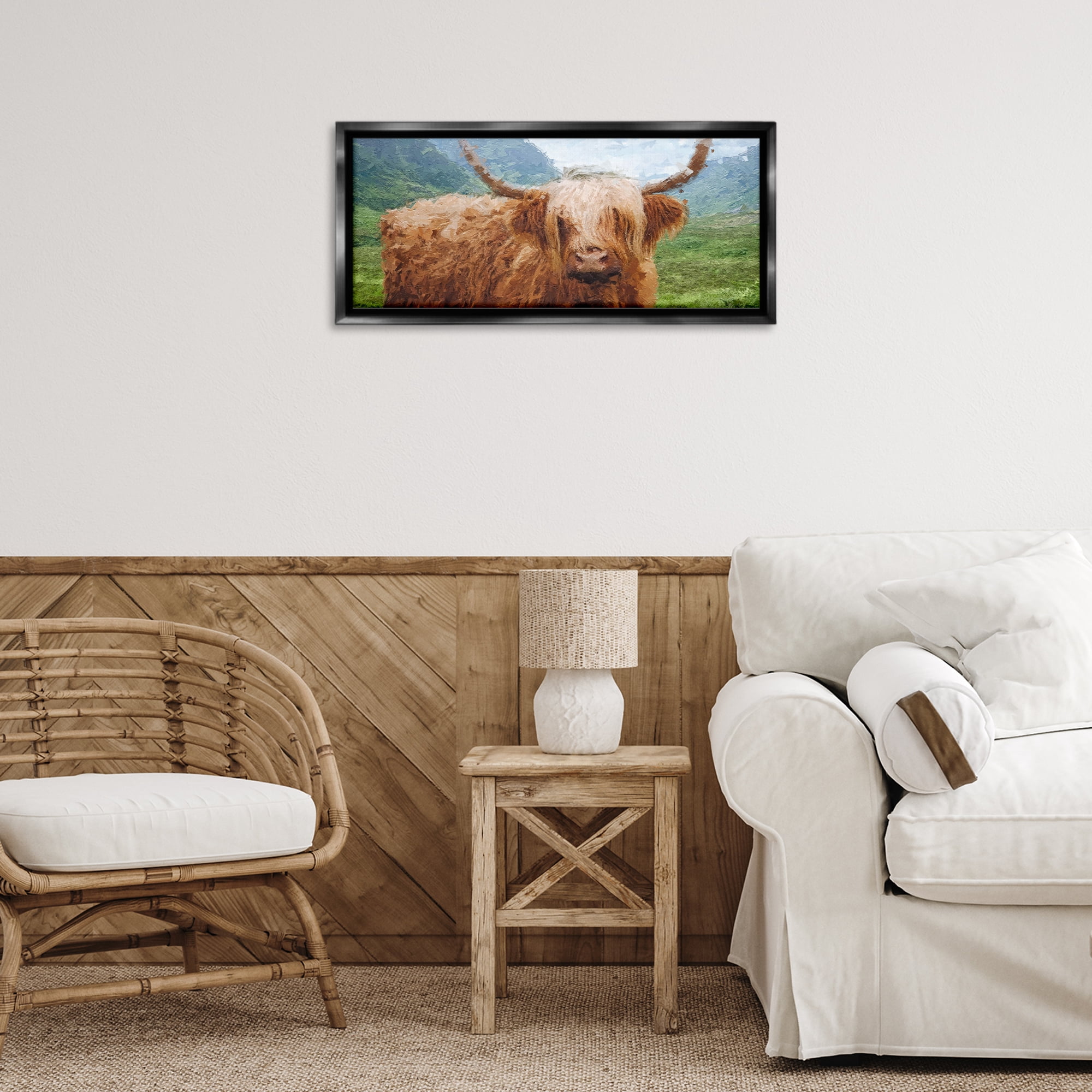 Stupell Industries Impressionist Highland Cattle Animals & Insects Painting Black Floater Framed Canvas Art Print Wall Art, 25 x 11