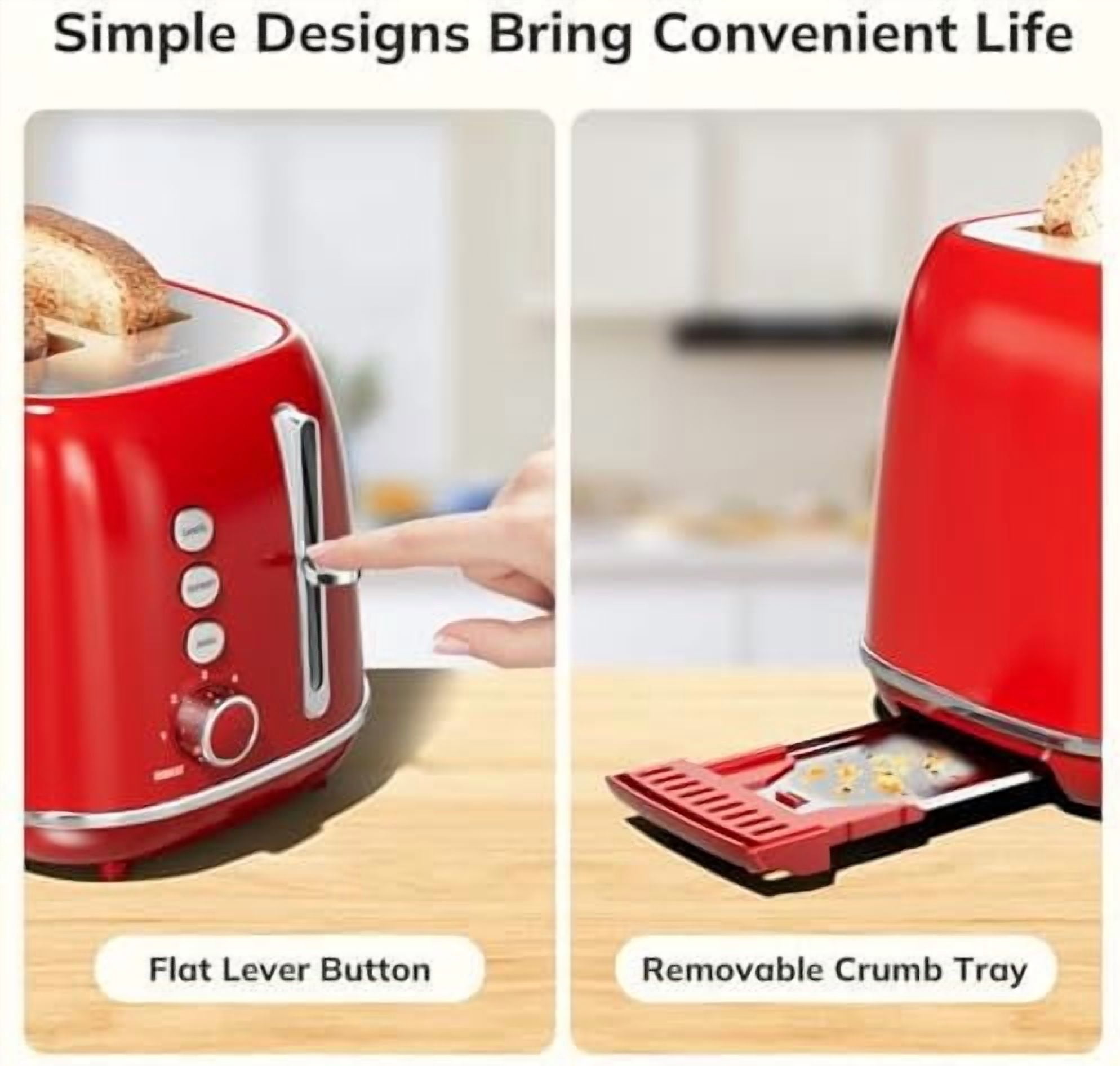 2 Slice Stainless Steel Toaster Retro with 6 Bread Shade Settings, Bagel, Cancel, Defrost Function, Extra Wide Slot, Removable Crumb Tray, Red