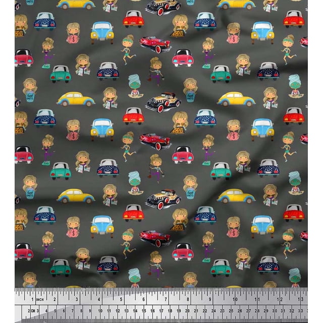 Soimoi Satin Silk Fabric Cartoon Girl & Car Transport Print Fabric by Yard 42 Inch Wide