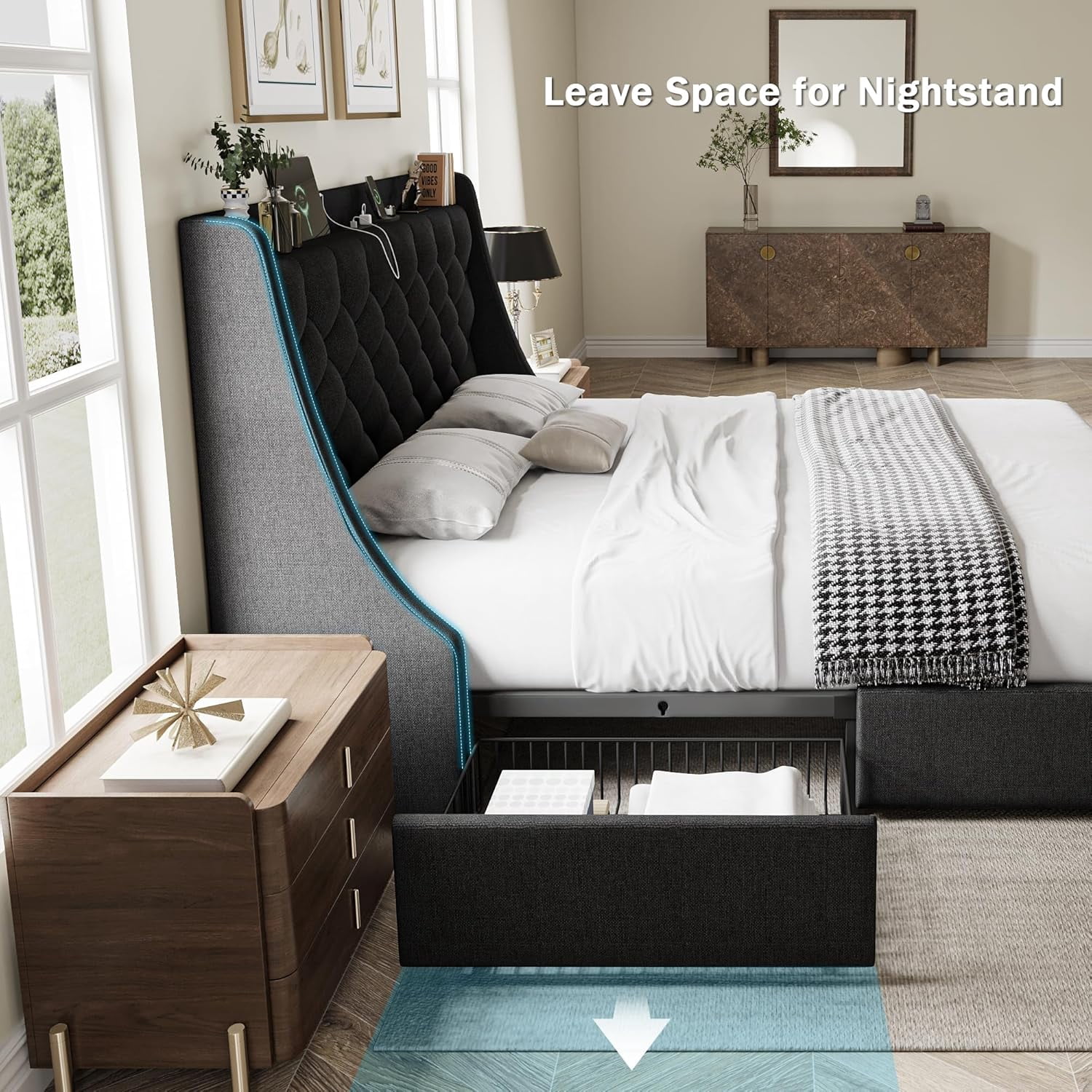 Galnfu King Size Bed Frame with 4 Storage Drawers, Giant Upholstered Wingback Headboard, Fast Charging Station, No Box Spring Needed, Noise-Free,Black
