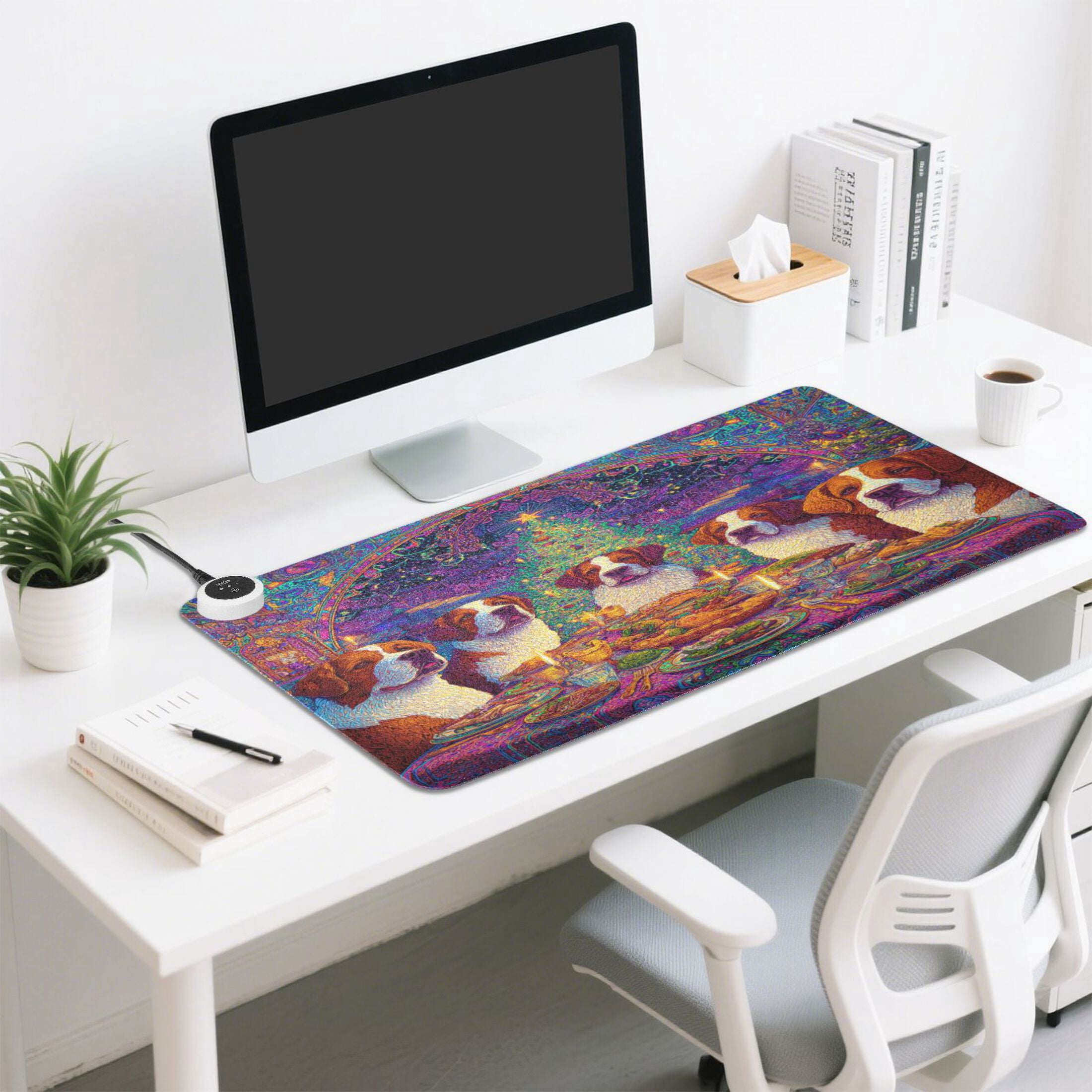 Large Heated Desk Mat Mouse Pad 31.5"x13"PU Leather Graphene Heating Desk Warmer with 3 Temperature Settings 110V US Plug Non-Slip Warm Pad for Home, Office, and Gaming Big Dogs Celebrating Christmas