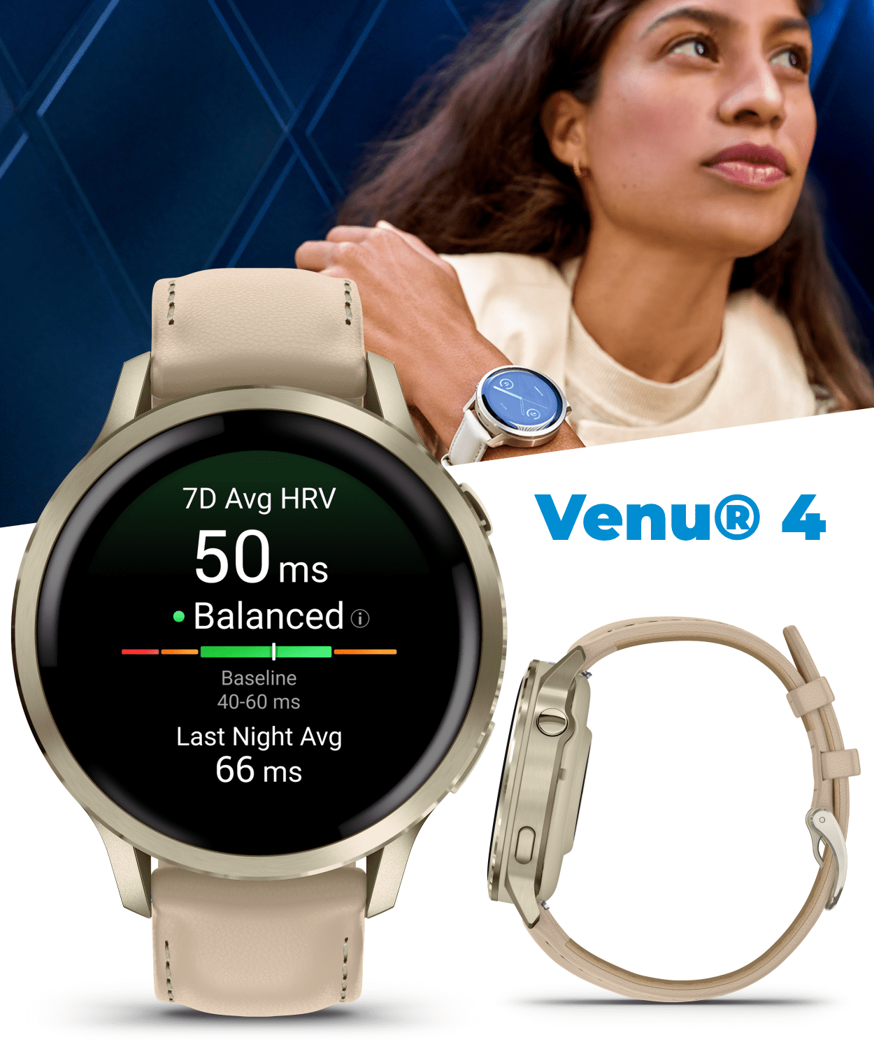 Garmin Venu 4 - 41mm AMOLED Advanced Health & Fitness GPS Smartwatch, Colorful Display, Flashlight, Lunar Gold w/Bone Silicone & Light Sand Leather Bands w/Wearable4U PowerBank Bundle