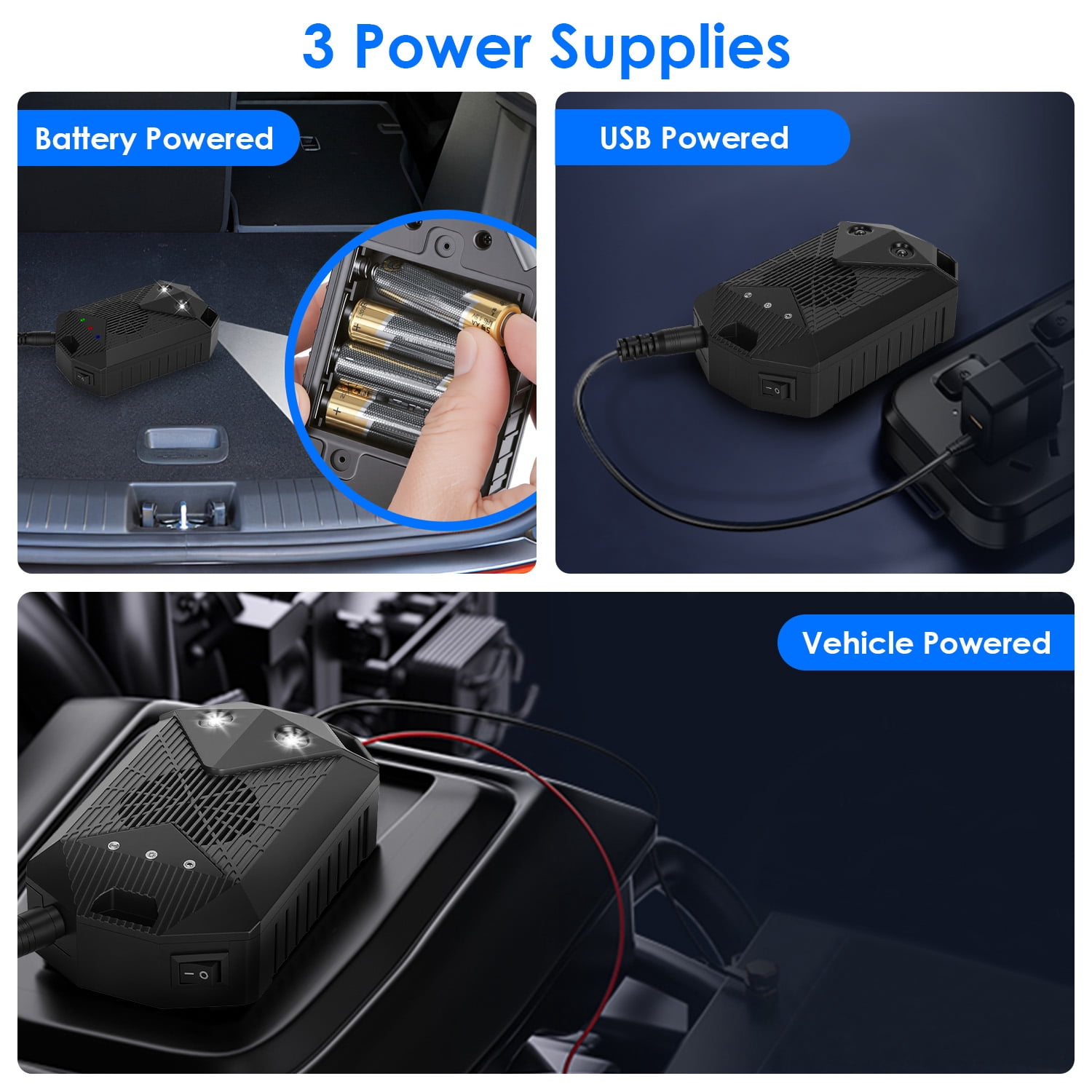 Zorpupoa 2 Pack Ultrasonic Pest Repeller, Under Hood  with Strobe Light 3 Power Supplies for Car Garage Basement