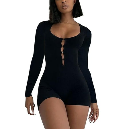 

Jumpsuit For Women Long Sleeve Bodysuit Bodycon Shorts Romper Black L