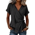 thumbnail image 3 of Linen-Blend Surplice Wrap Top for Women, Short Sleeve V-Neck Tie-Front Blouse with Rolled Cuffs - Lightweight Summer Casual Tunic Shirt Black L, 3 of 5
