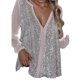 thumbnail image 1 of Blusa informal sexy con cuello en V y lentejuelas de color manga larga con pliegues en el ombligo para mujer, 1 of 4