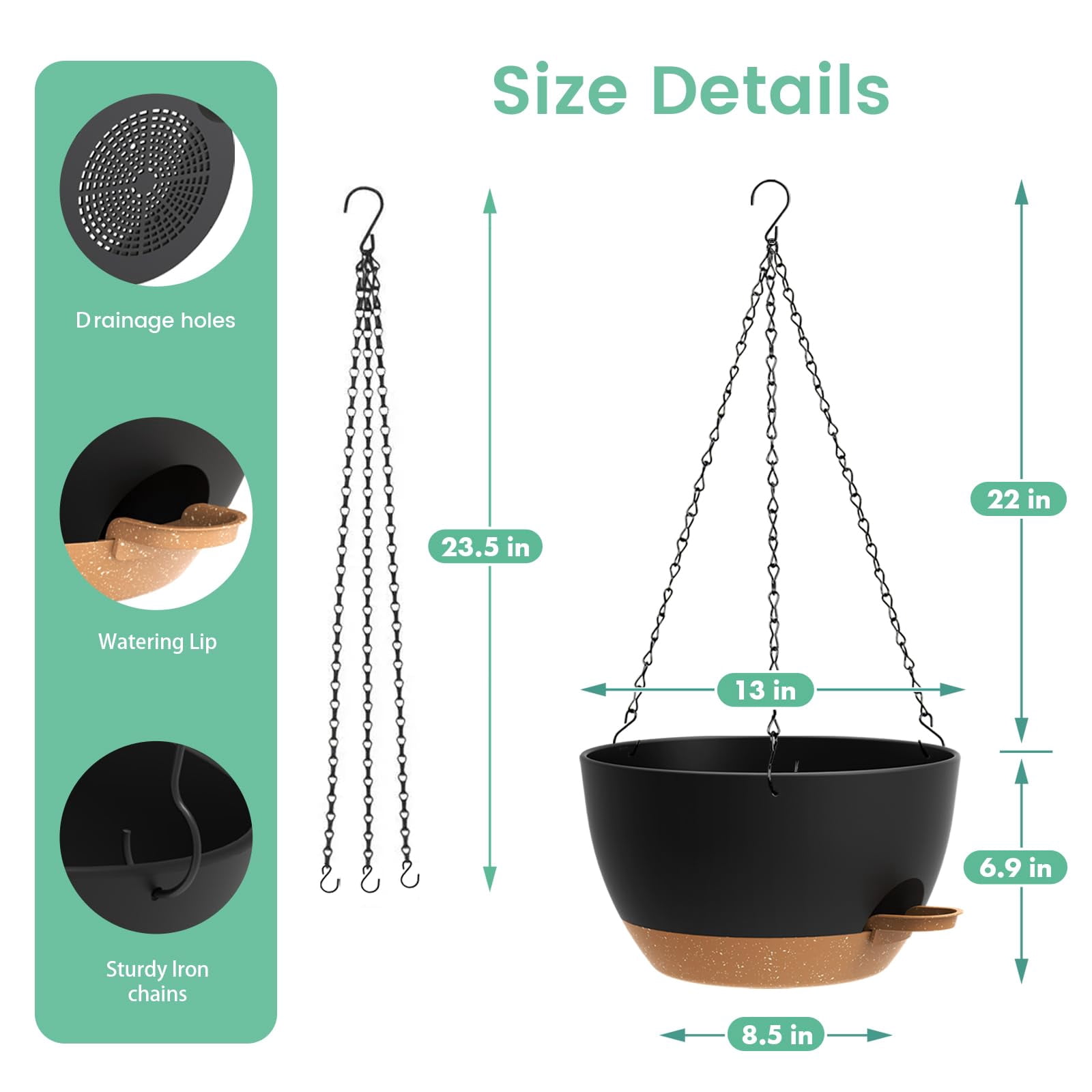 13 Inch 2 Pack Large Self Watering Hanging Planters For Indoor Outdoor Plants  Plant Pots With Removable 50 Oz Reservoir Plastic Basket Window Porch Garden Black Brown