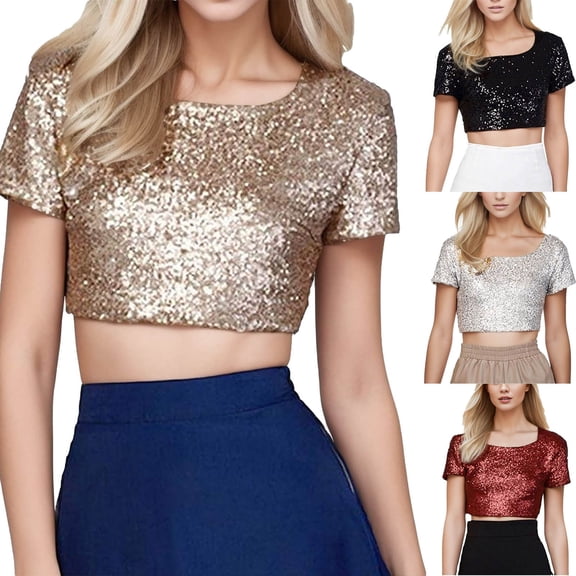 QHWAUAKFBN T Shirts For Women Trendy O-Neck Solid Sequins Short Sleeve Short Navel Blouse Tee Tshirts Top