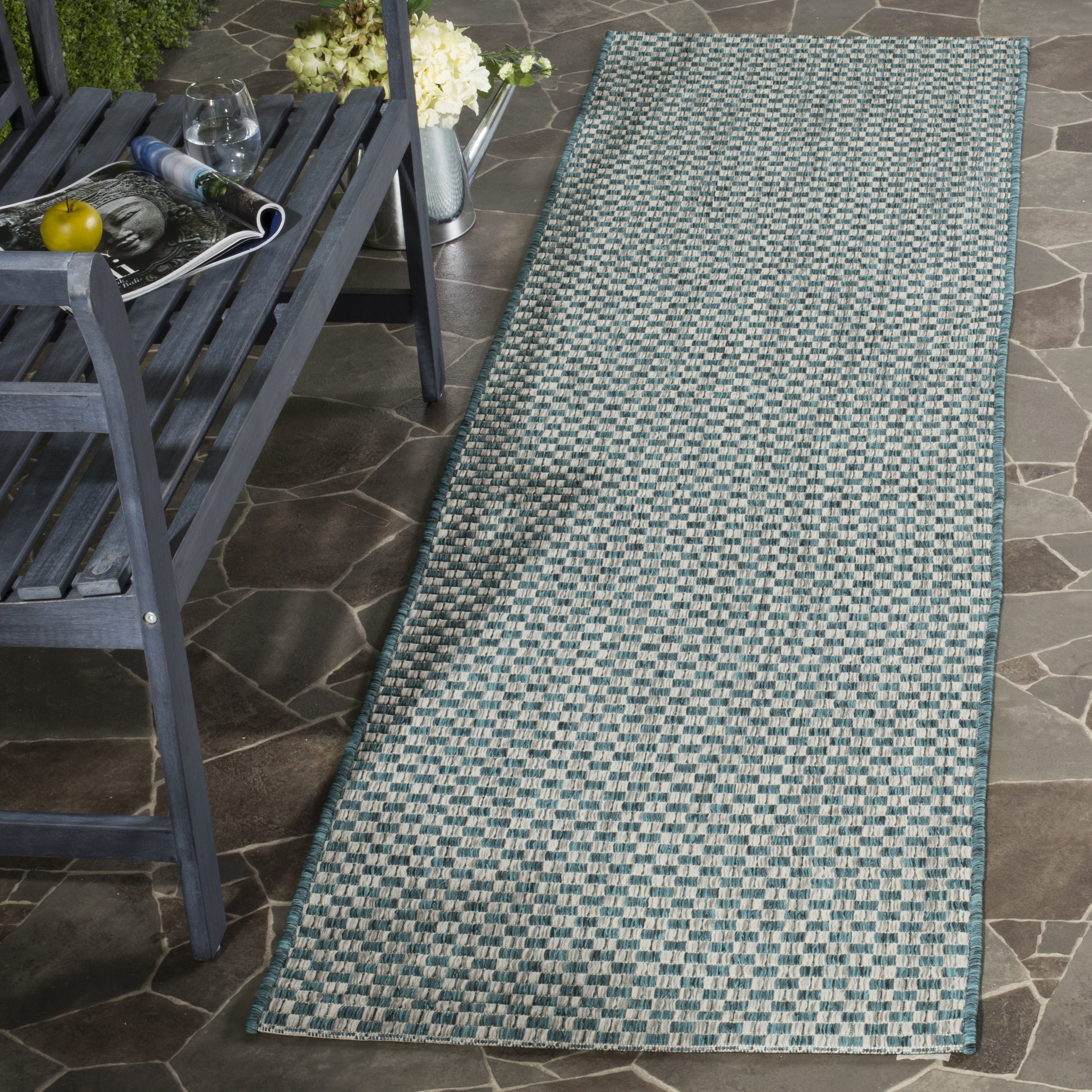 SAFAVIEH Courtyard Blair Checkered Indoor/Outdoor Runner Rug, Turquoise/Light Grey, 2'3" x 18'