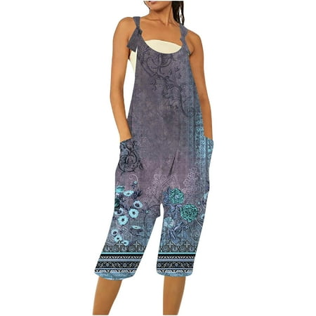 

Romper for Women Womens Casual Summer Jumpsuit Sleeveless Loose Printing Comfortable Strap Loose Jumpsuit Pocket Jumpsuit Comfy Solid Colour Pants Rompers for Women Wide-Legged Plus Comfy Romper Slee