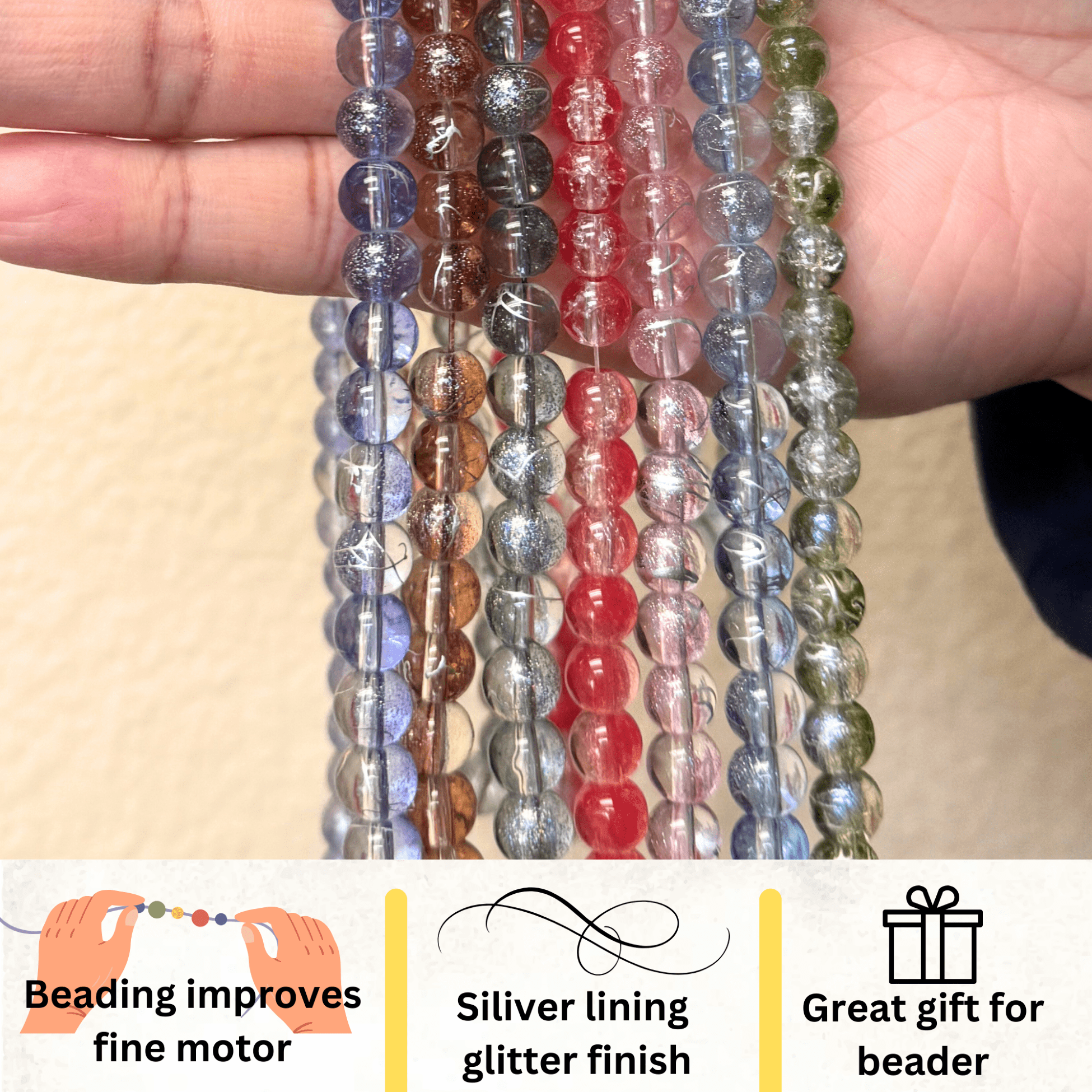 8mm Glass Beads Bulk for Bracelets, Glitter Silver Lining Beads, DIY Jewelry Supplies, Gift for Beaders, 1 lb, 700 pcs