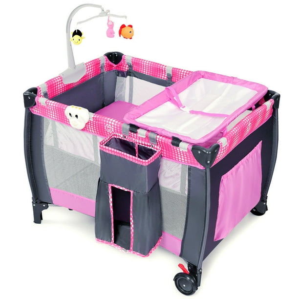 Costway Foldable Travel Playard With Bassinet Pink Walmart Com Walmart Com