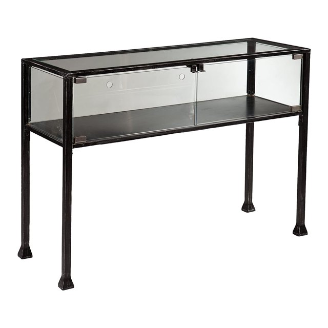 SEI Furniture Distressed 2 Door Metal Terrarium Display Console Table, Black