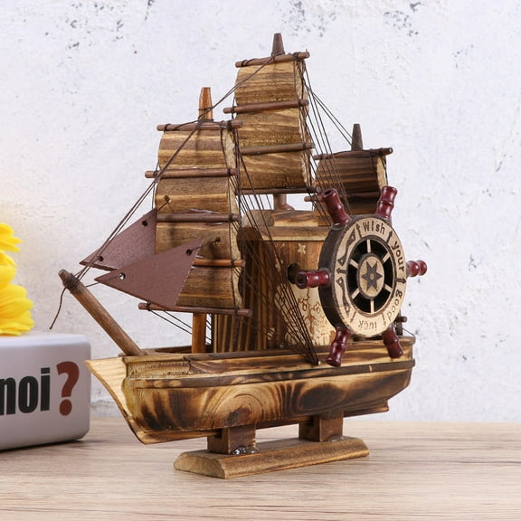 Raindrops Vintage Pirate Ship Music Box in Coffee Plastic for Home Decor and Gift, Size Not Specified