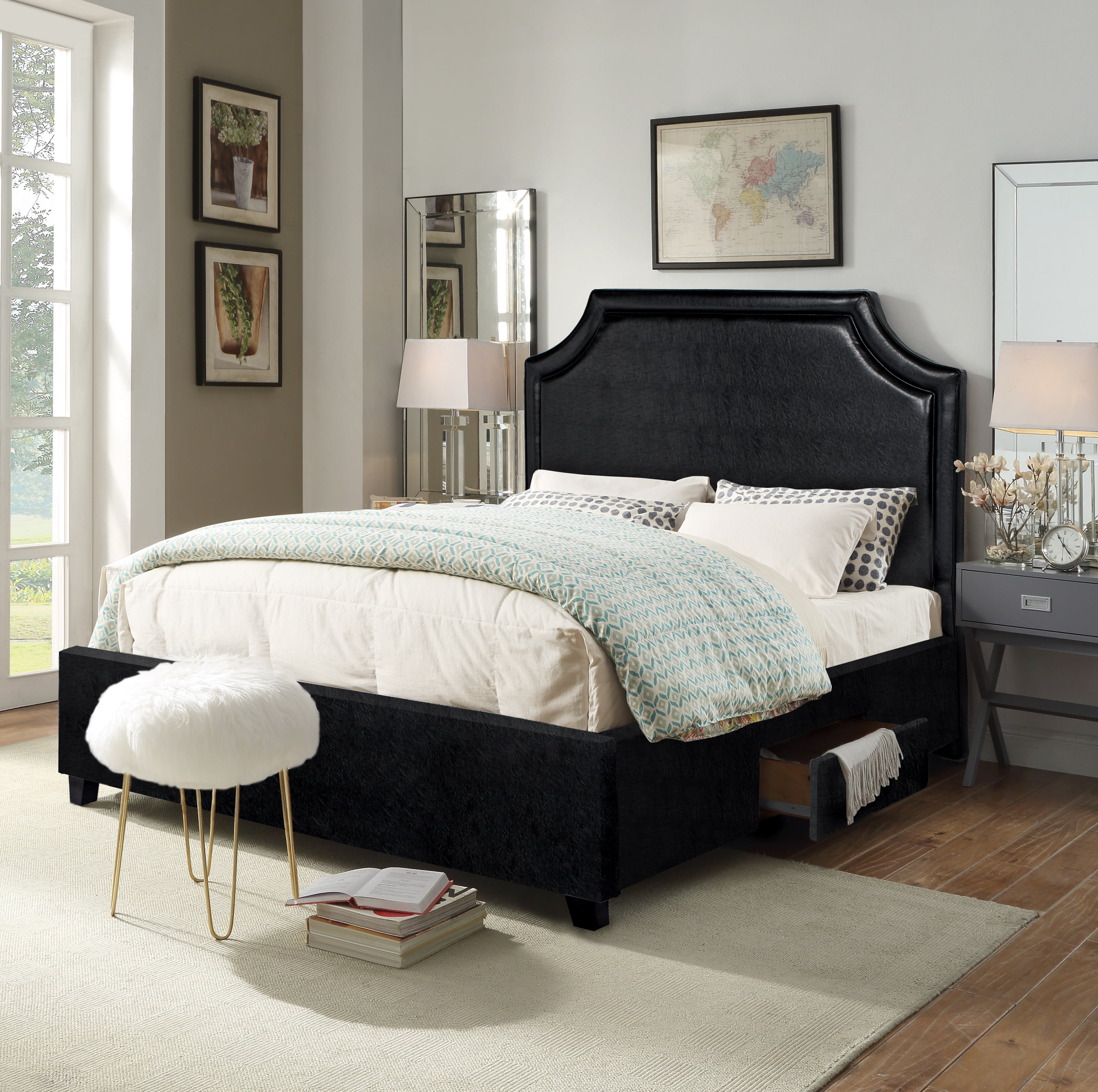 Chic Home Francis Platform Bed Frame, Leather Sleigh Bed With Drawers Underneath