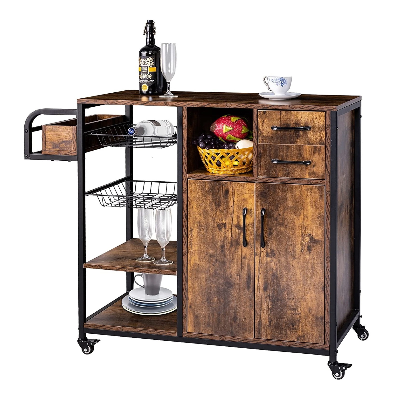 Prime Garden Industrial Kitchen Island Cart on Wheels with Storage Brown