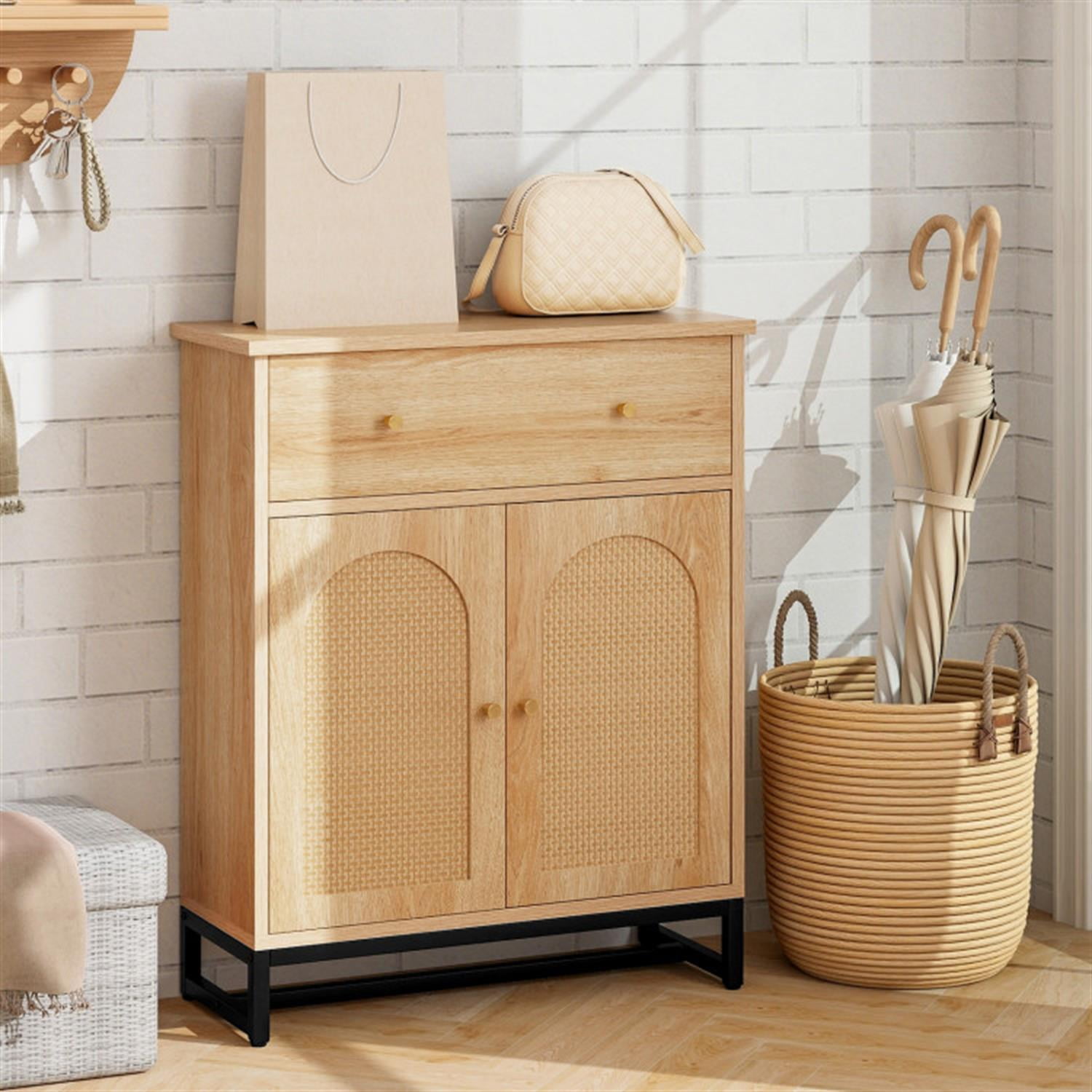 Demi Bonn Accent Floor Storage Cabinet with Rattan Doors, Bathroom Cabinet with Large Drawer, Freestanding Storage Cabinet Organizer, Beige