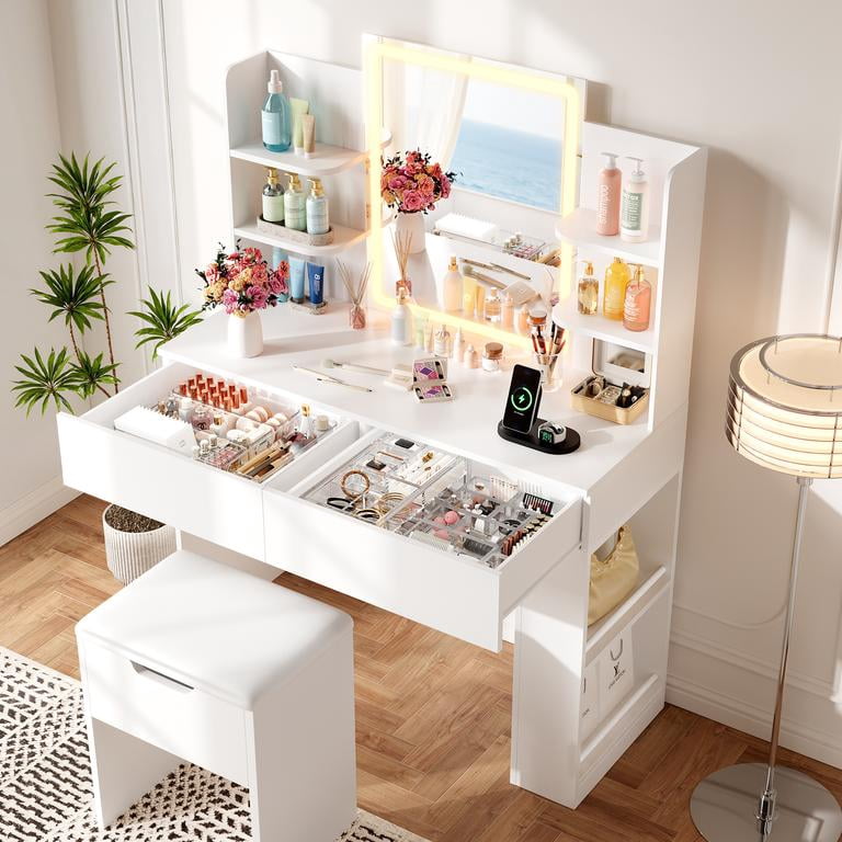 Lacoo Makeup Vanity Set with Lighted Mirror & Storage Stool, 3 Color Dimmable LED Dressing Table with Drawers & Shelves for Bedroom, White