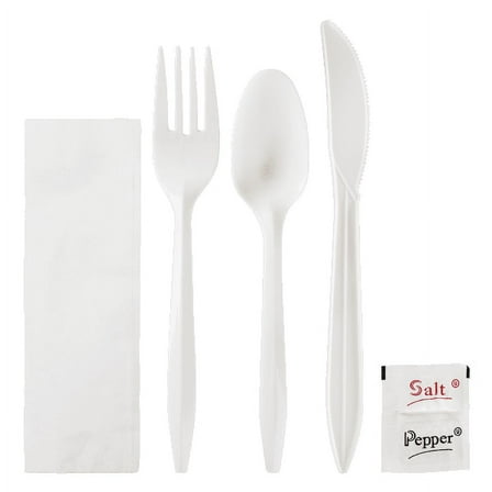Karat Plastic Cutlery Kits, 1250 Pieces (Knife, Spoon, Fork, Napkin, Salt), White, PP, 250 Sets